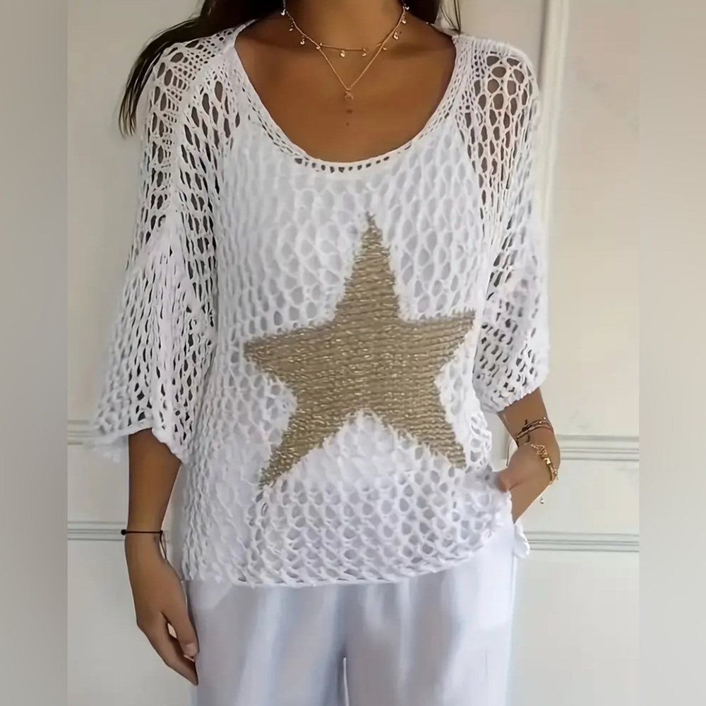 Star Metallic Accent Knitted Mesh Sweater Women’s Plus Size  2XL